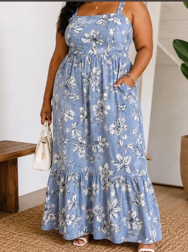 Blue Floral Midi Dress with Ivory Print - Image 2