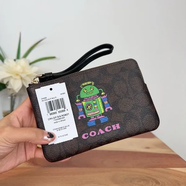 NWT Coach Cosmic Coach Corner Zip Wristlet In Signature Canvas With Robot‎ Print - Image 5