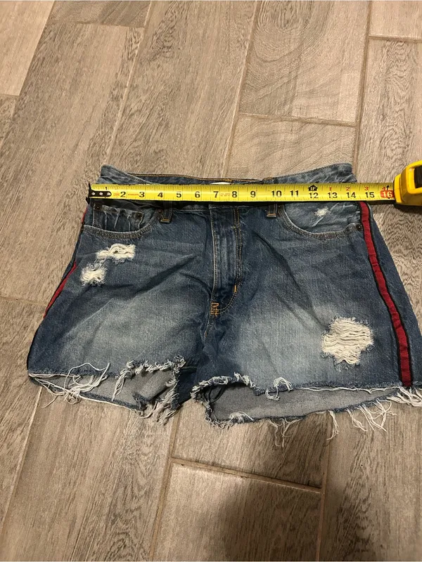 Abercrombie & Fitch Blue Distressed Denim Shorts w/ Red Side Stripe -size 10 W30 - Image 3