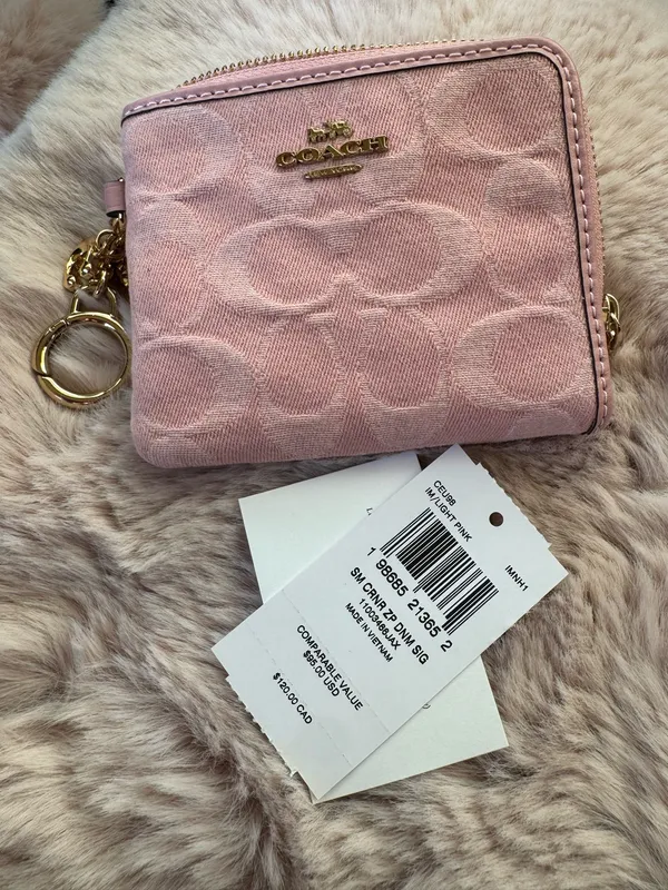 NWT Coach Small Corner Zip Wallet Signature Denim Charms CEU98 Gold/Light Pink - Image 6