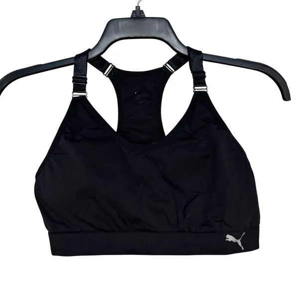 Puma‎ Womens Black Racerback Sports Bra Adjustable Straps Silver Logo Activewear - Image 6