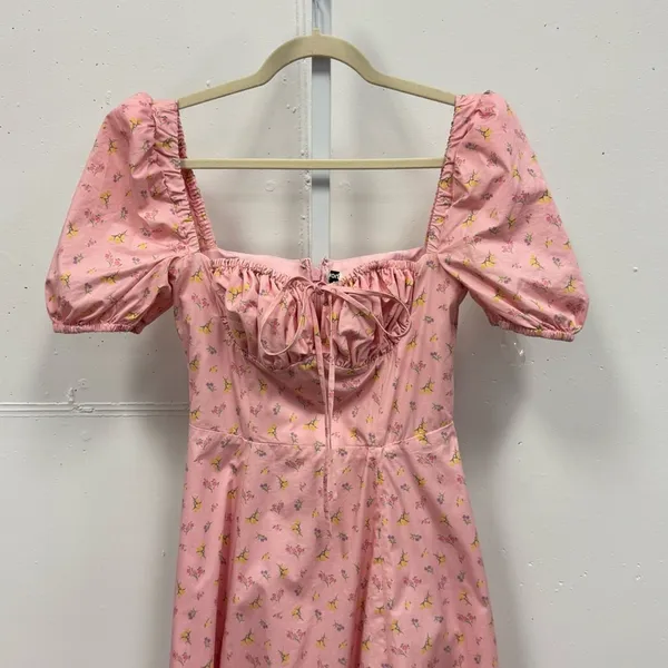 House of CB Pink Floral Puff Sleeve Midi Dress Front Slit Cottagecore Medium - Image 5