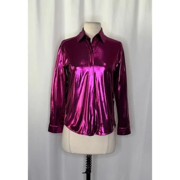 By ANTHROPOLOGIE Magenta Pink Shimmer Shine Lamé Buttondown‎ Top Blouse X-Small - Image 2