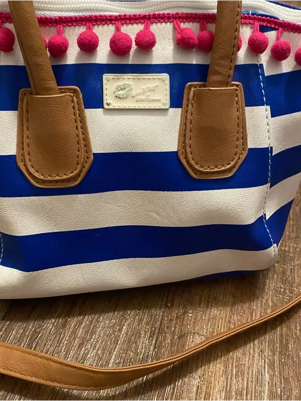 Luv Betsey Johnson Nautical Mini Tote Bag Purse Blue White Stripes Pink Pom 7x10 - Image 4