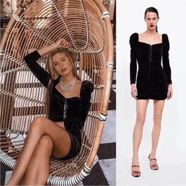 NWT Zara Long Sleeve‎ Lace Up Velvet Mini Dress in Black Size Large - Image 15