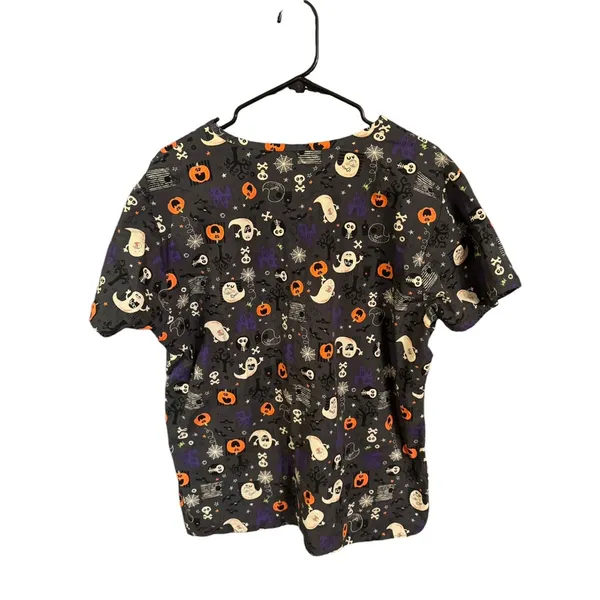 Womens XL Zoe & Chloe Halloween Ghost Pumpkin Short Sleeve Vneck Scrubs Uniform - Image 2