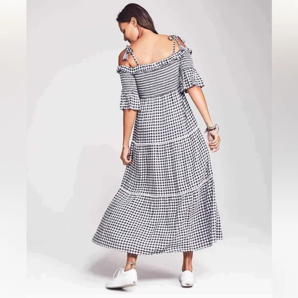 Faherty Sylvie Dress Blue Gingham Smocked Tiered Maxi WDU1931-BGI Womens‎ XS NEW - Image 2