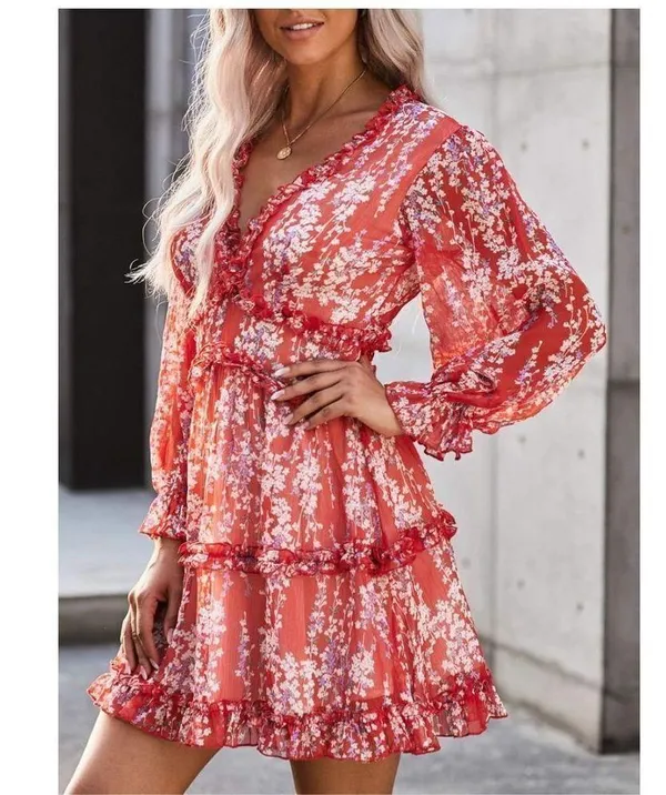 NEW Deep V Neck Long Sleeve Ruffle Layer A-Line Swing Mini Dress L - Image 4