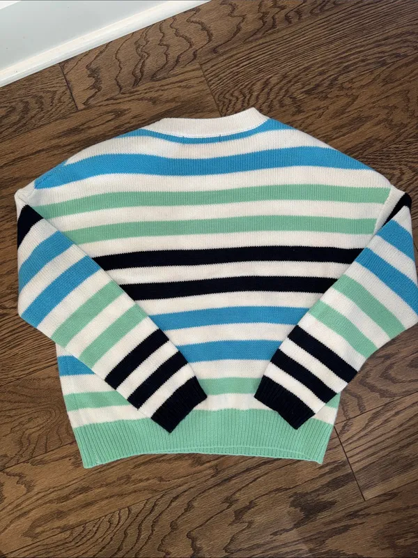 Striped Crewneck Sweater in White, Mint & Blue - Image 3