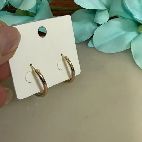 14K Gold Plated XP Tri-Tone Hoop Earrings Gold Rose Silver Tone Leverback - Image 2
