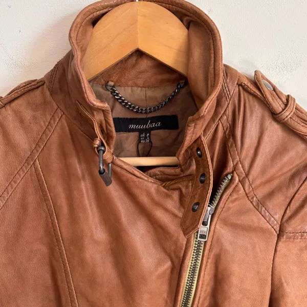 Muubaa Womens Tan Brown 100% Lamb Leather Biker Motorcycle Jacket Size US 4 UK 8 - Image 3