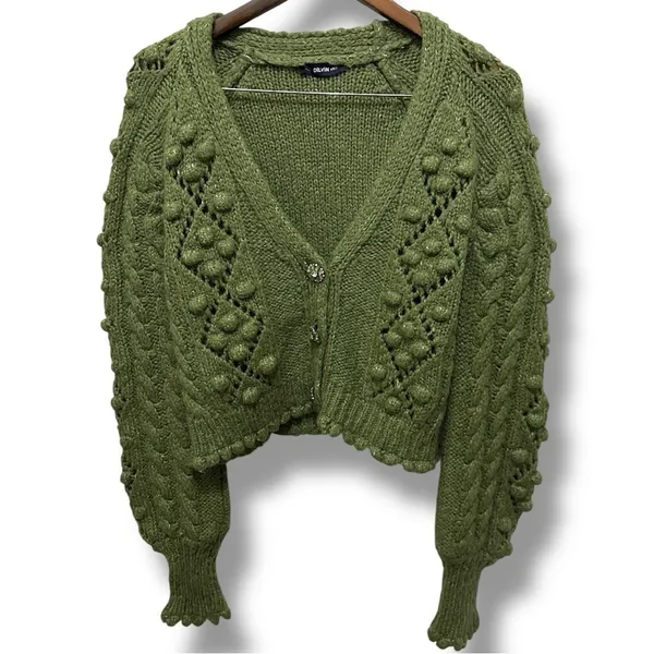 176 Dilvin | Turkey EUC Knit Bobble Olive Green Cable Cardigan Sweater (size M) - Image 4