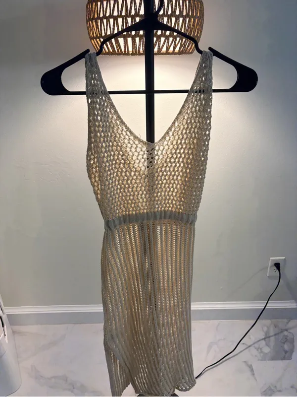 Boho Crochet Swim Cover-Up Dress in Beige - Image 4