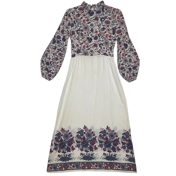 1970s Connie Sage Floral Prairie Empire Waist Maxi Dress Balloon Sleeves XS/S - Image 2
