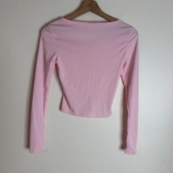 Ribbed Knit Lounge Set Womens Medium Pink Crop Top Shorts Button Stretch Casual - Image 10