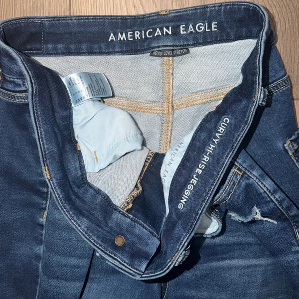 Pre-Owned American Eagle Curvy Hi-Rise Jegging Stretch Ripped Jeans Blue Size 12 - Image 3