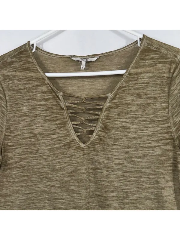 BKE Olive Lace Up V-Neck T-Shirt Size S - Image 2