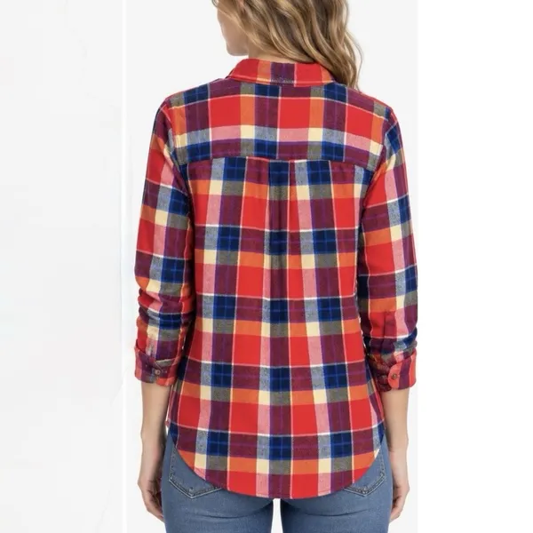 LL Bean Womens Red Blue Plaid Organic Cotton Flannel Button Shirt Size Medium - Image 2