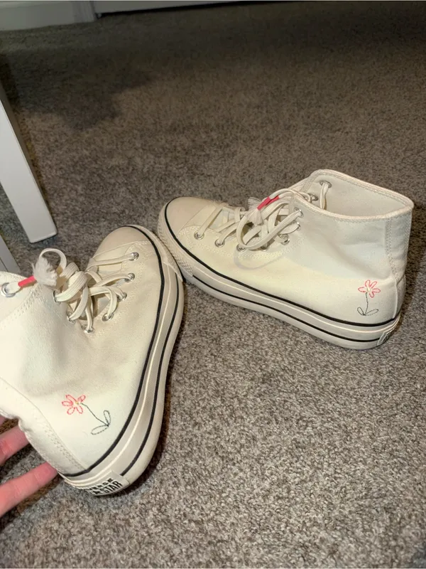 Converse High Top Sneakers in Cream with Pink & Green Floral Embroidery - Image 4