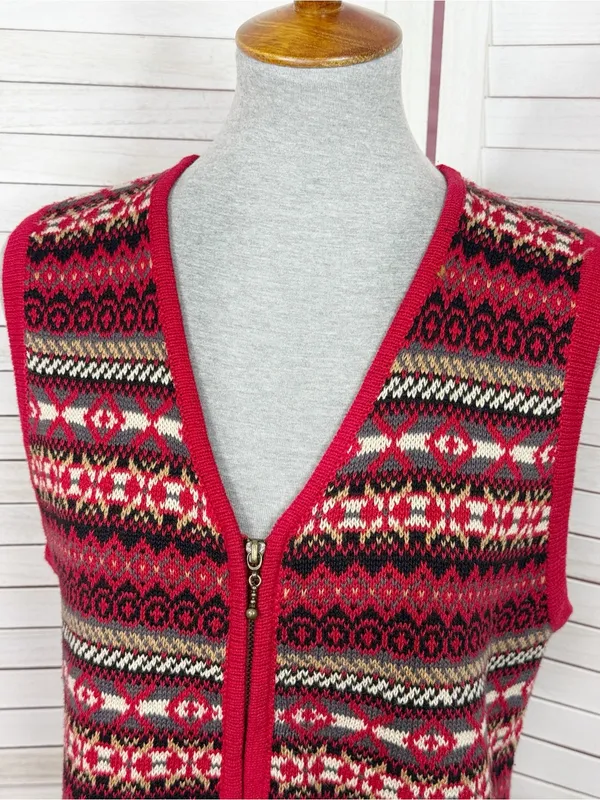 Vintage Requirements Fair Isle V Neck Zip‎ Up Sweater Vest Red Multi Medium - Image 5