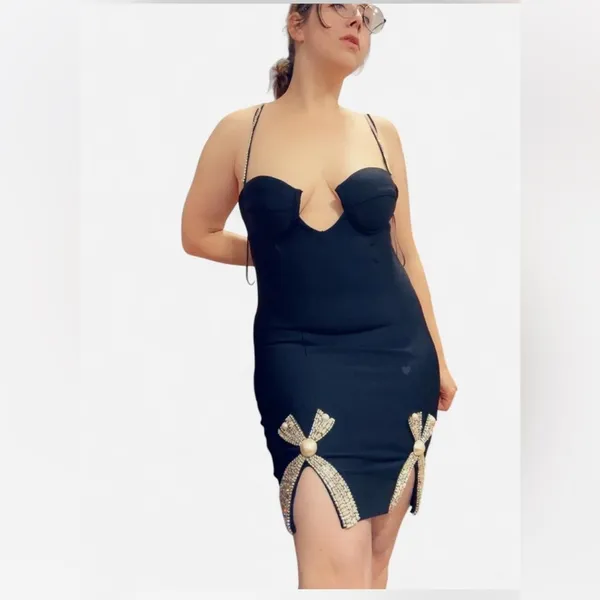 Deep plunge rhinestone mini dress Black - Image 3