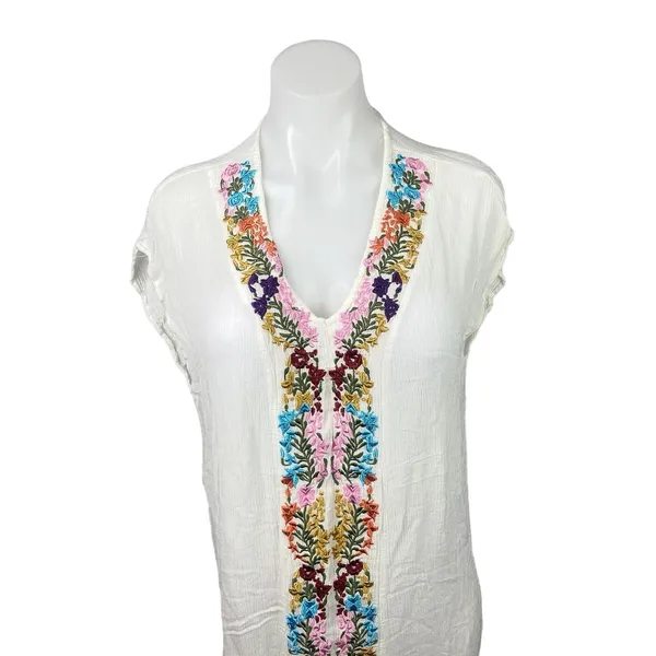 Womens White Floral Embroidered Vneck Beach Summer Boho Swim Cover Up Dress Mw - Image 3