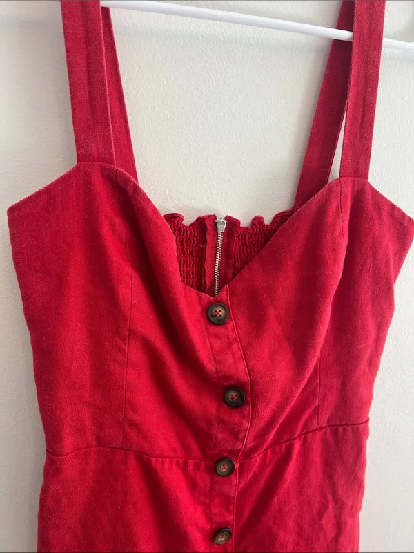 Reformation Red Button Smocked linen Mini Dress - Image 5