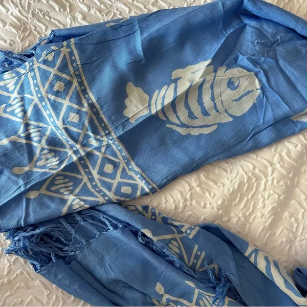 Fish Print Sarong Wrap Scarf Blue - Image 4