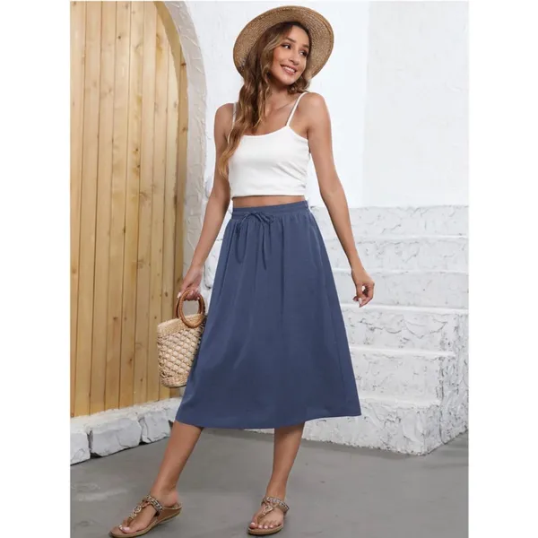 NEW Blue Flowy Elastic High Waist Pockets Midi Skirt L - Image 6