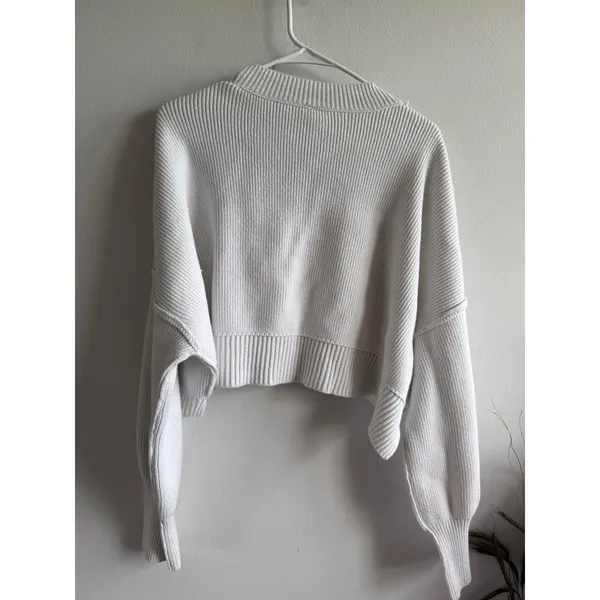Free People Women Cream Ribbed Knit Cropped Crew Neck Sweater Large 4180 - Image 3