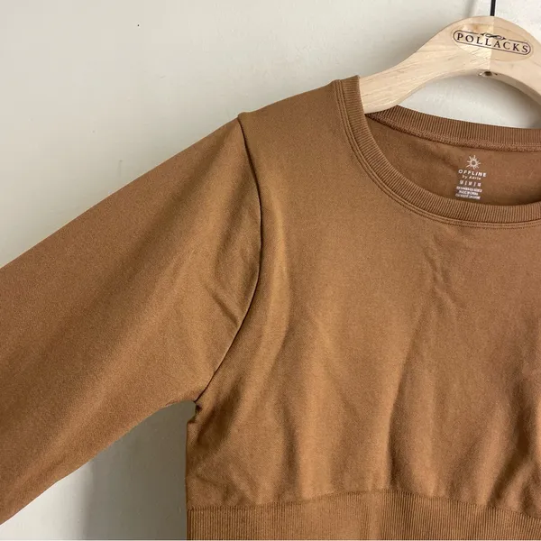 Aerie OFFLINE Cropped Long Sleeve Athletic Top Brown M - Image 4