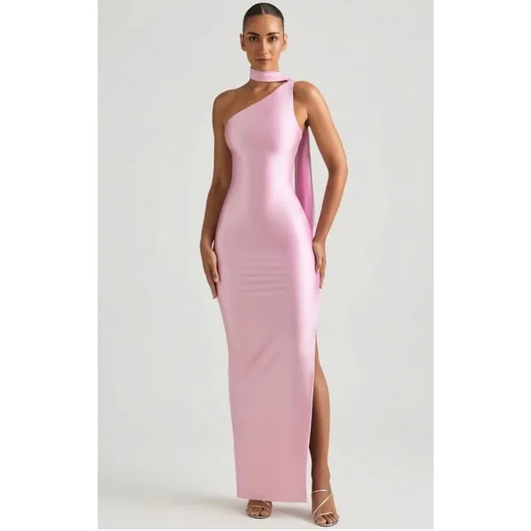 Oh Polly Sheril Asymmetric Scarf-Detail Maxi Dress in Soft Pink Size 4 New - Image 3