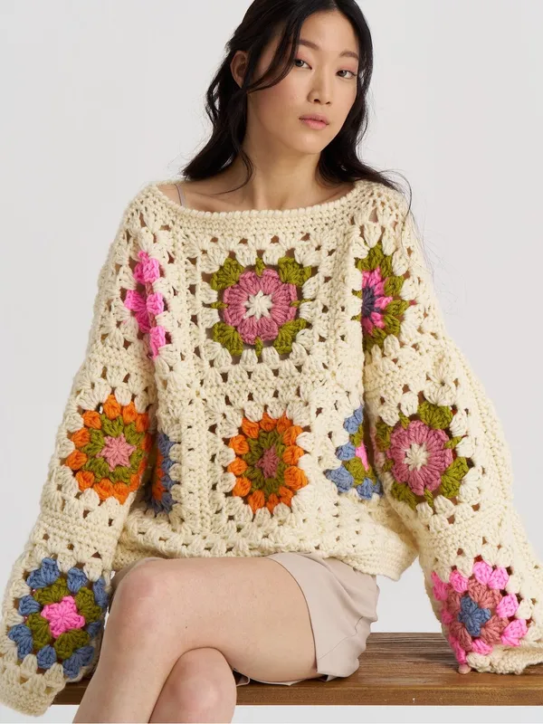 Free People Society Mano Beige Granny Square Pullover Sweater - Image 2