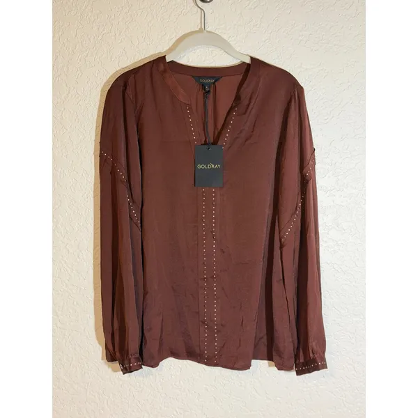 Goldray Studded V-Neck Blouse Brown M Womens Long Sleeve Satin Top NEW - Image 6