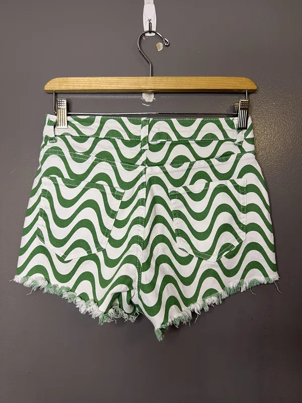 Altar'd State Denim Shorts Womens Small Green Wave Stripe Cutoff Fringe - Image 2