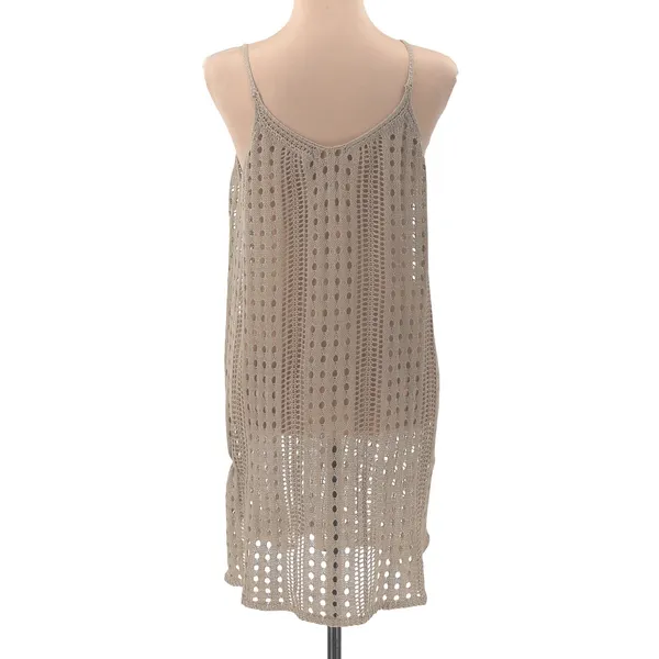 Crochet Knit Beach Cover Up Dress Tan Boho Resort‎ Summer Vacation Layering OS - Image 3