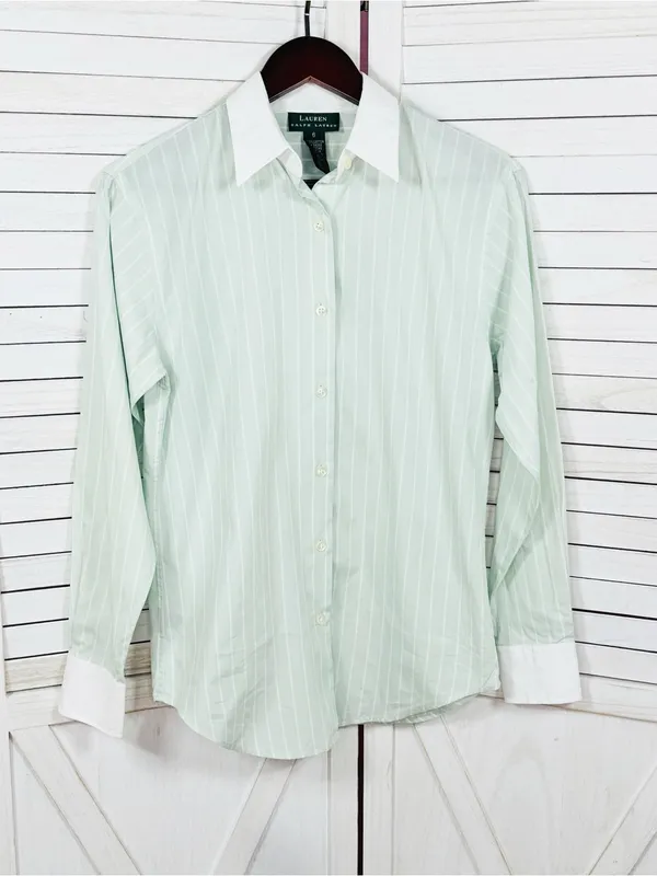Lauren Ralph Lauren Pinstripe Button Up‎ Shirt Green White Size 6 Preppy Oxford - Image 7