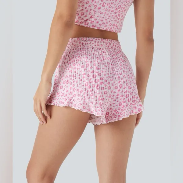 Halara NWT Mid-Rise Leopard Print Lounge Shorts – Pink | Ruffle Hem | M - Image 2