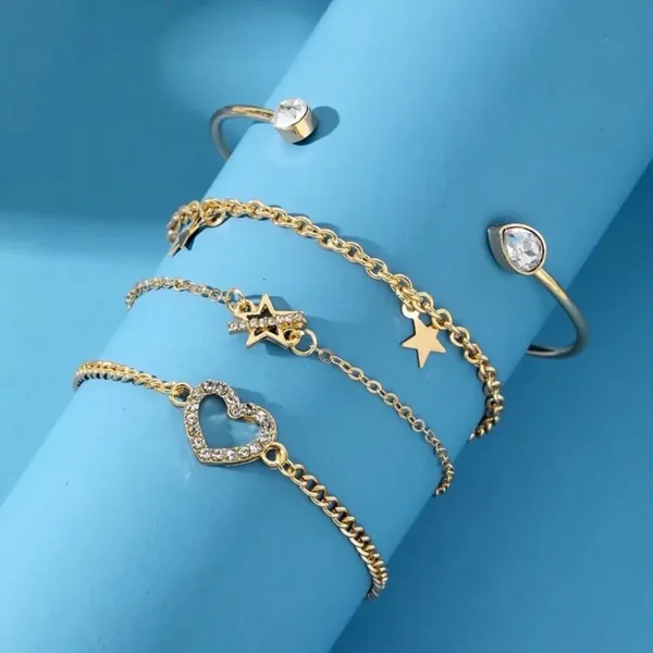 Set of 4 Golden Bracelets with Heart and Stars - Crystals - Image 4