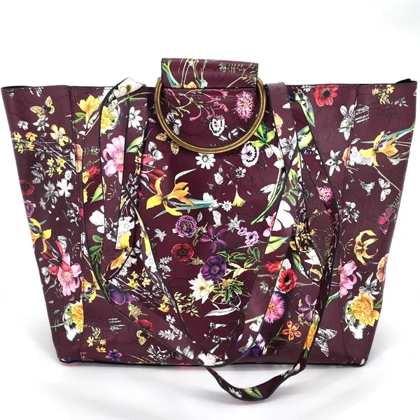 Burgundy Floral Vinyl Tote Bag Gold Ring Detail Large Work Purse 18x12x6 - Image 2