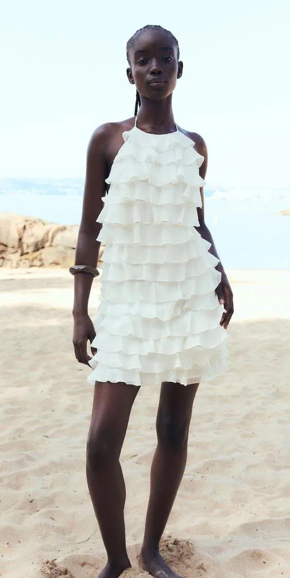 Zara ivory ecru mini dress halter ruffle Bohemian summer vacation evening casual - Image 7
