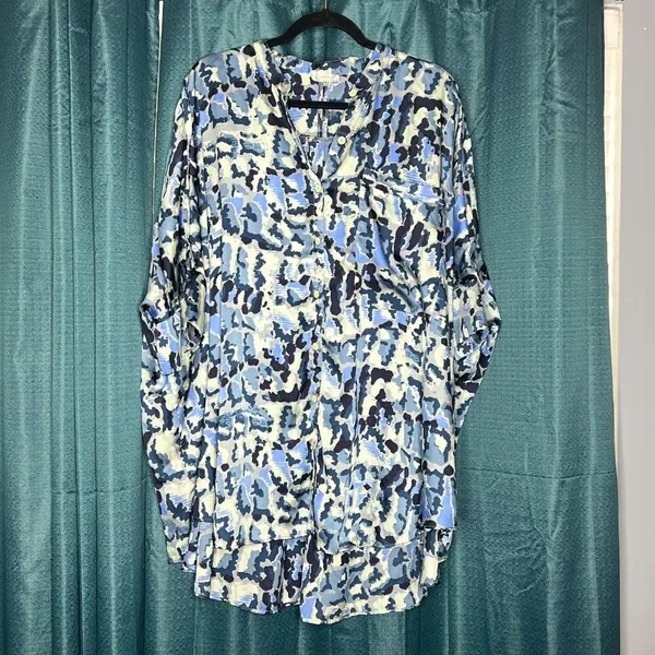 Free People Goddess Blue Floral Oversized Tunic Shirt Dress Boho Cover Up Medium - Image 3