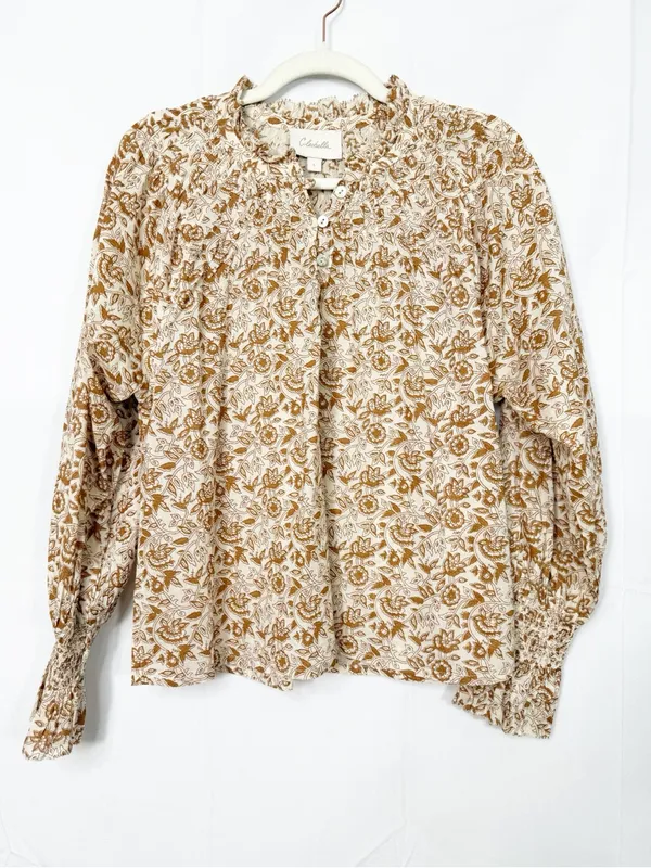Cleobella Reza Blouse Peasant Tamil Block Print Floral Cotton Boho Brown Ivory - Image 2