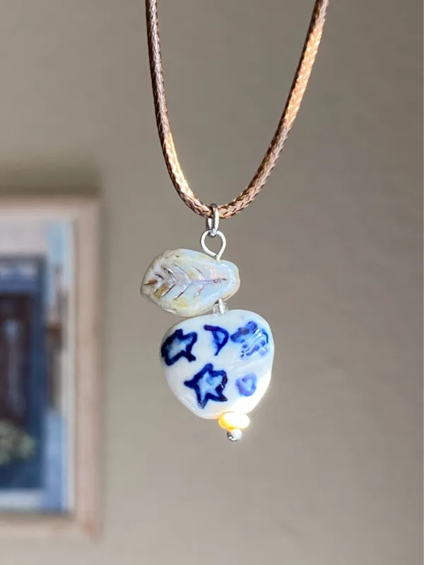Handmade celestial porcelain heart bead & Czech leaf unique boho fairy whimsical necklace🌙🌀🌟 - Image 5
