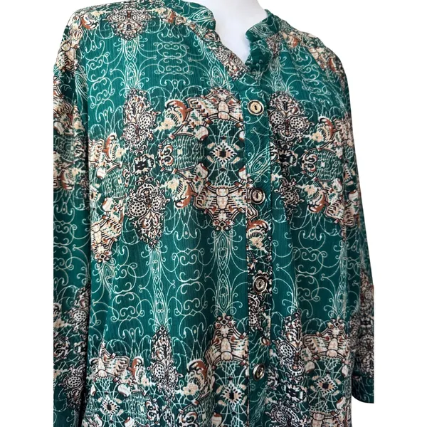 Green, Cream & Brown Long Sleeve Relaxed Fit Lightweight Button Front Blouse - Image 6