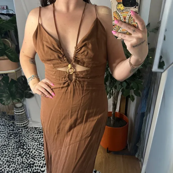 Zara Cut Out Strappy Maxi Dress Brown Size Large - Image 4