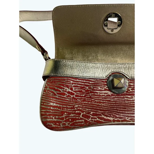 Kate Spade Baguette Shoulder Bag Coral & Gold Metallic Strap Party Clutch - Image 10