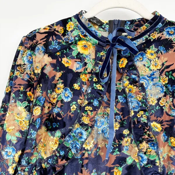 NWT Dalia MacPhee Womens Blue Floral Velvet‎ Boho Romantic Bell Sleeve Dress L - Image 2