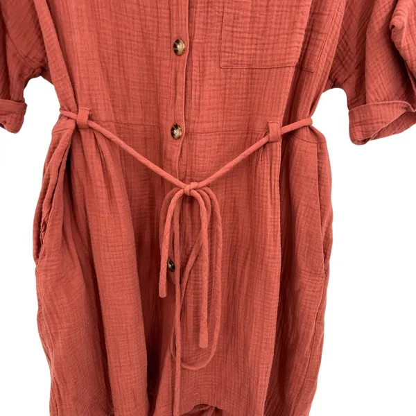 Madewell Lightspun Belted Safari Romper Shorts Short Sleeve‎ Gauze Rust Size XL - Image 6