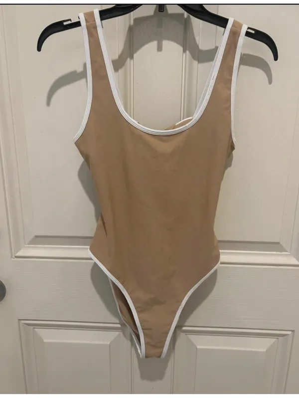 Nika Beige One Piece Swimsuit with White Trim Size Large - Image 3